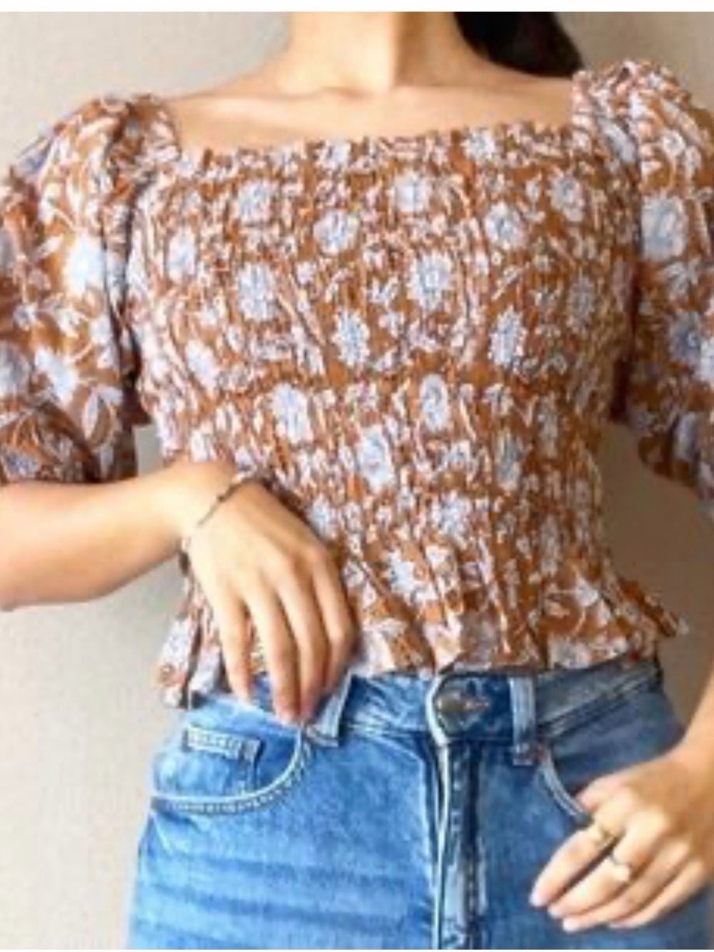 Daughters of India | Smocked Puff Sleeve Floral Cotton Blouse